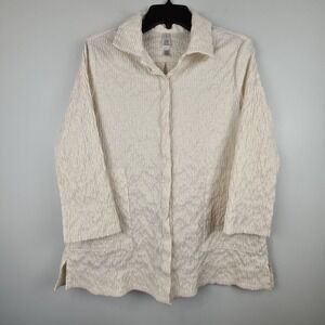 Marla Wynne Textured‎ Crinkled Button Up Top Medium Cream Lagenlook Big Pockets